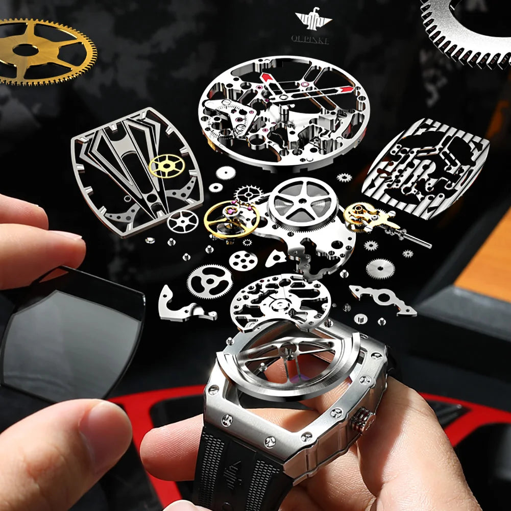 Relógio Masculino OUPINKE 3179 Automático Skeleton Luxo Design Tonneau Pulseira de Silicone Safira à Prova d’Água