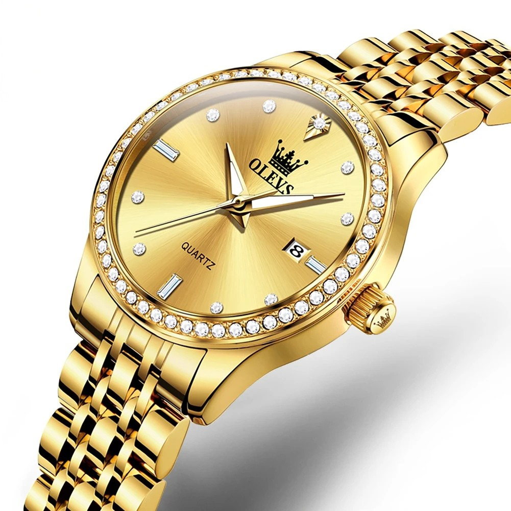 Relógio Feminino OLEVS Luxo Dourado à Prova d’Água Quartzo Elegante com Ponteiros Luminosos e Calendário Completo