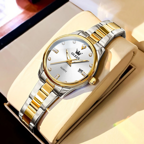 Relógio Feminino OLEVS Luxo Dourado Quartzo Aço Inoxidável à Prova d’Água 30m com Calendário Completo e Ponteiros Luminosos