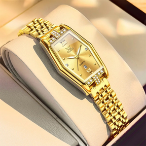 Relógio Feminino OLEVS Luxo Dourado Quartzo Aço Inoxidável Tonneau à Prova d’Água 30m com Calendário e Ponteiros Luminosos