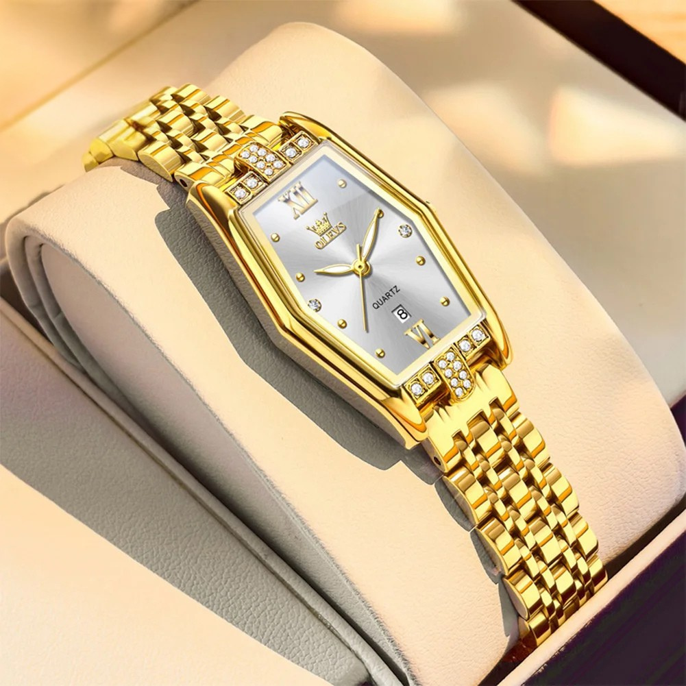 Relógio Feminino OLEVS Luxo Dourado Quartzo Aço Inoxidável Tonneau à Prova d’Água 30m com Calendário e Ponteiros Luminosos