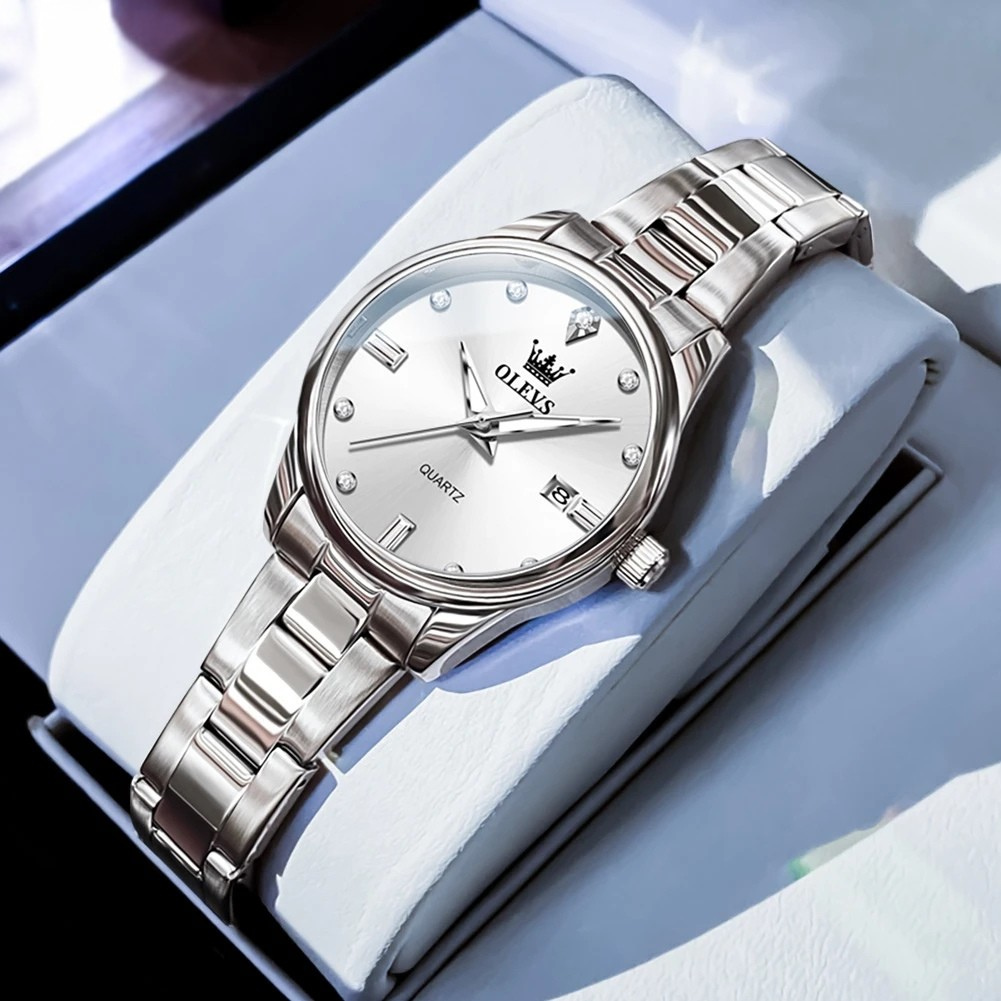 Relógio Feminino OLEVS Luxo Dourado Quartzo Aço Inoxidável à Prova d’Água 30m com Calendário Completo e Ponteiros Luminosos