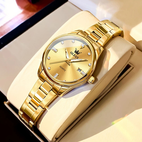 Relógio Feminino OLEVS Luxo Dourado Quartzo Aço Inoxidável à Prova d’Água 30m com Calendário Completo e Ponteiros Luminosos