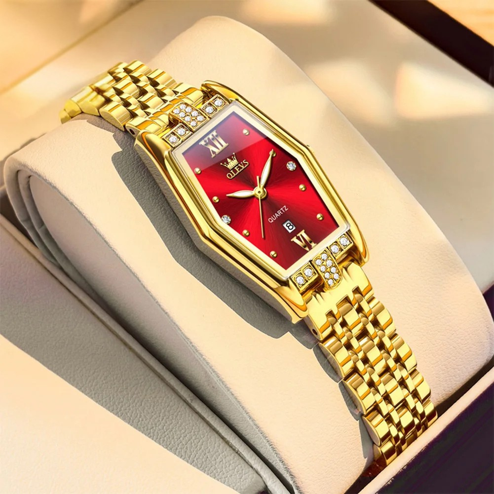 Relógio Feminino OLEVS Luxo Dourado Quartzo Aço Inoxidável Tonneau à Prova d’Água 30m com Calendário e Ponteiros Luminosos
