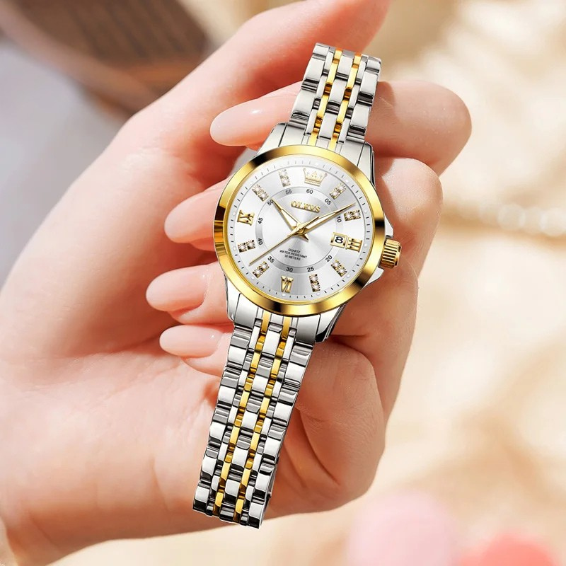 Relógio Feminino OLEVS Luxo com Pulseira e Caixa de Presente Quartzo à Prova d’Água 30m Elegante e Fashion