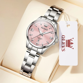 Relógio Feminino OLEVS Luxo Quartzo à Prova d’Água 30m com Calendário Completo e Ponteiros Luminosos – Pulseira em Aço Inoxidável