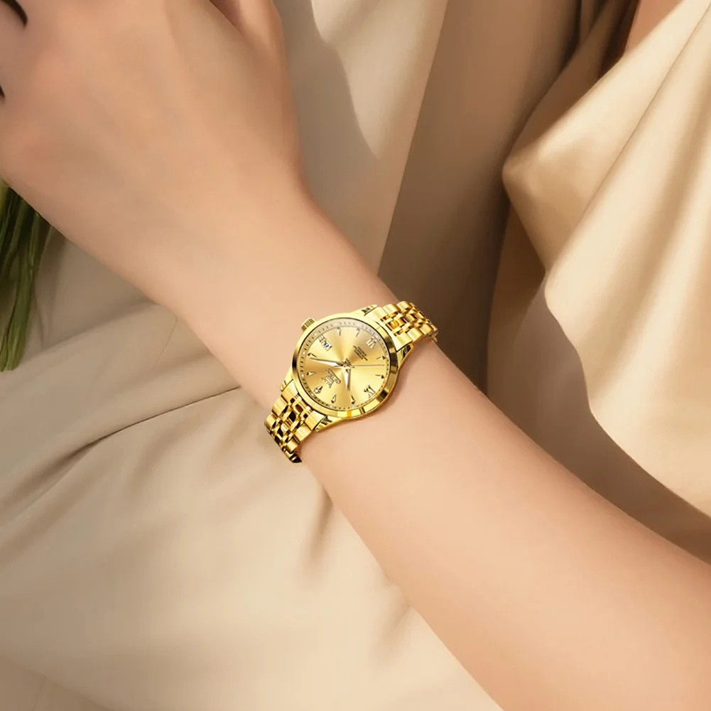 Relógio Feminino OLEVS Luxo Automático Mecânico à Prova d’Água 30m com Calendário Completo – Pulseira em Aço Inoxidável