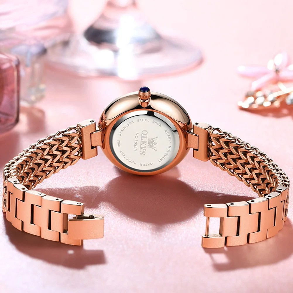 Relógio Feminino OLEVS Luxo Quartzo à Prova d’Água 30m – Pulseira em Aço Inoxidável com Mostrador de Diamante