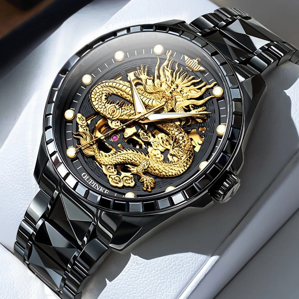 Relógio Masculino OUPINKE Dragon 3276 Automático Luxo Skeleton Aço Tungstênio à Prova d’Água
