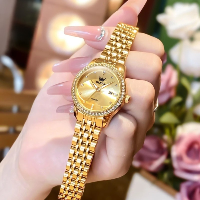 Relógio Feminino OLEVS Luxo Dourado à Prova d’Água Quartzo Elegante com Ponteiros Luminosos e Calendário Completo