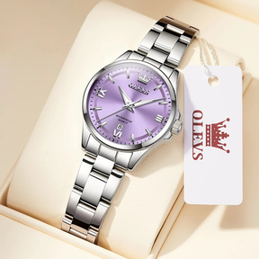 Relógio Feminino OLEVS Luxo Quartzo à Prova d’Água 30m com Calendário Completo e Ponteiros Luminosos – Pulseira em Aço Inoxidável