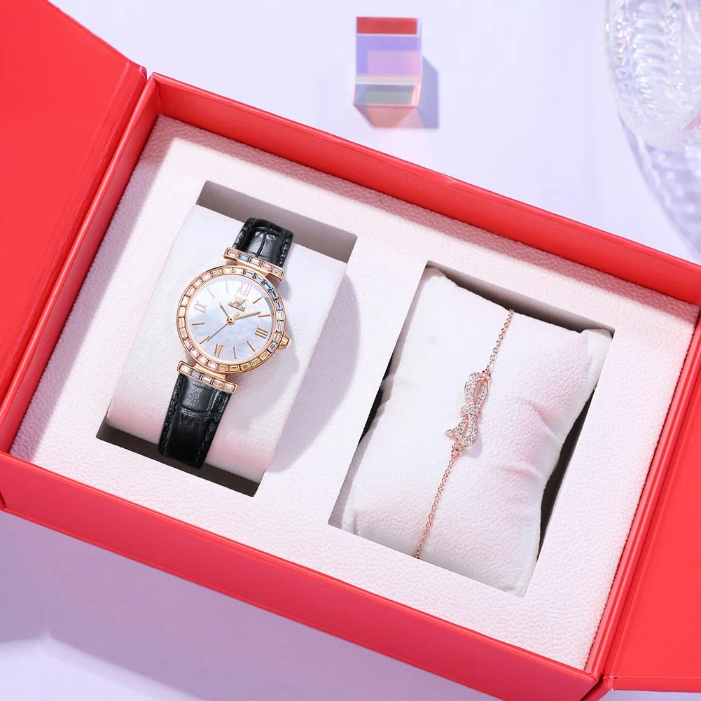 Relógio Feminino OLEVS Luxo Quartzo à Prova d’Água 30m com Mostrador com Diamantes Coloridos e Pulseira de Couro