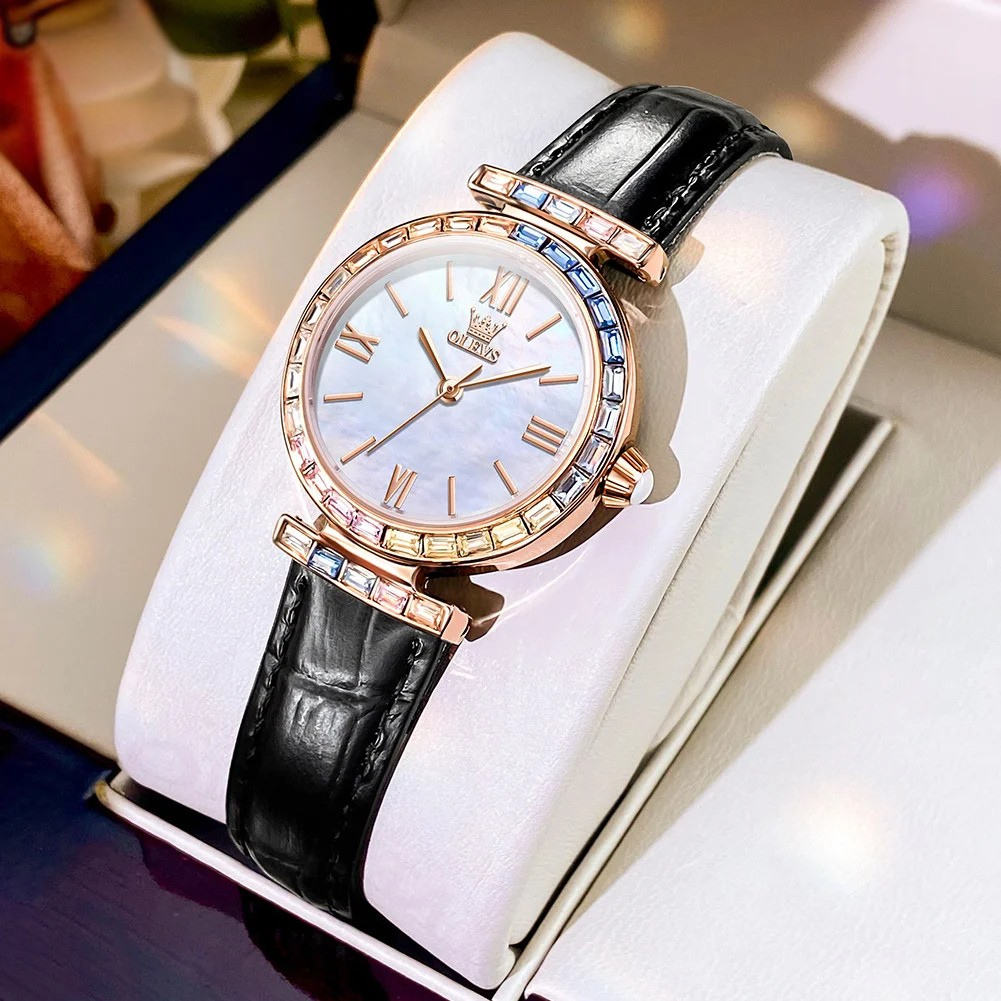 Relógio Feminino OLEVS Luxo Quartzo à Prova d’Água 30m com Mostrador com Diamantes Coloridos e Pulseira de Couro