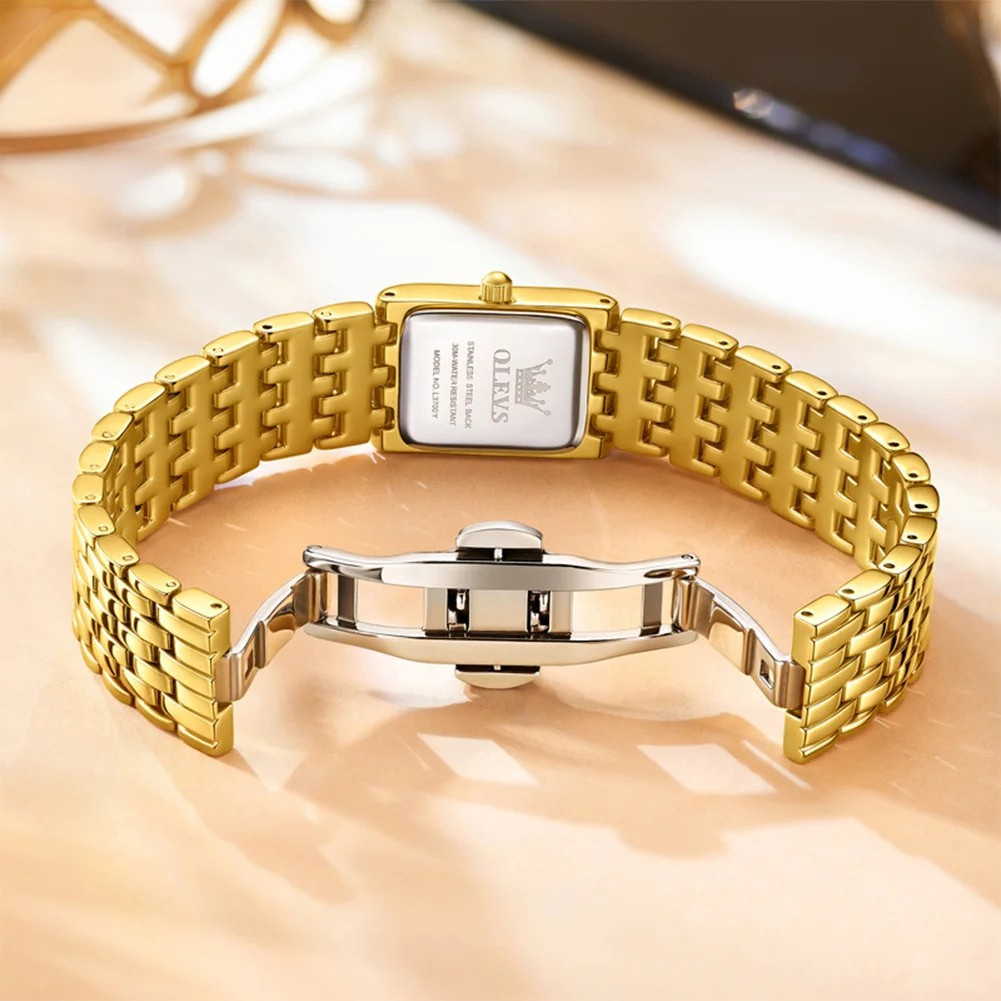 Relógio Feminino OLEVS Luxo Quartzo – Caixa Quadrada Dourada em Aço Inoxidável, Resistente à Água