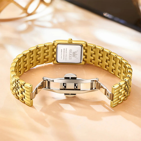 Relógio Feminino OLEVS Luxo Quartzo – Caixa Quadrada Dourada em Aço Inoxidável, Resistente à Água