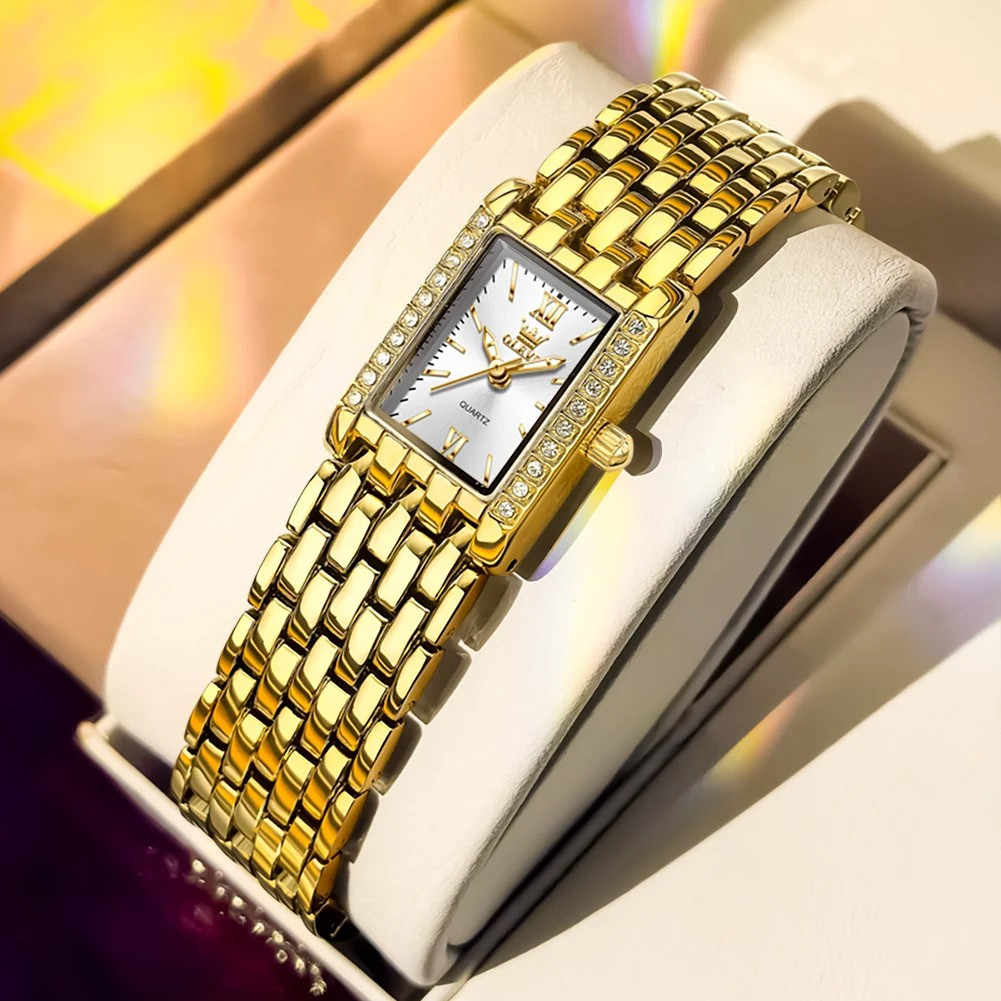 Relógio Feminino OLEVS Luxo Quartzo – Caixa Quadrada Dourada em Aço Inoxidável, Resistente à Água