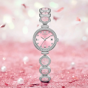 Relógio Feminino OLEVS Luxo Quartzo à Prova d’Água 30m com Calendário Completo, Diamantes e Símbolo da Sorte – Pulseira de Aço Inoxidável