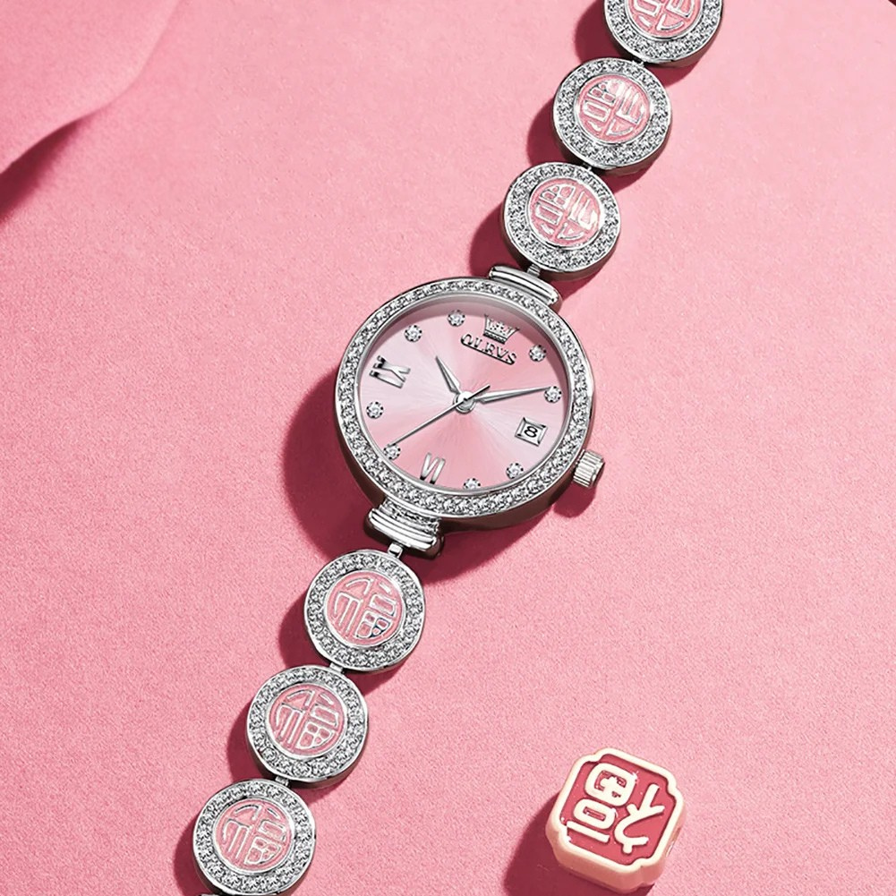 Relógio Feminino OLEVS Luxo Quartzo à Prova d’Água 30m com Calendário Completo, Diamantes e Símbolo da Sorte – Pulseira de Aço Inoxidável