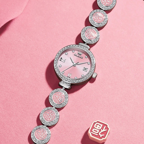 Relógio Feminino OLEVS Luxo Quartzo à Prova d’Água 30m com Calendário Completo, Diamantes e Símbolo da Sorte – Pulseira de Aço Inoxidável