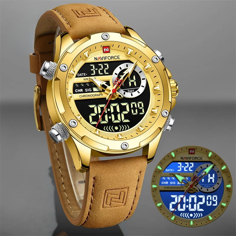 Relógio Masculino NAVIFORCE NF9208 Luxo Esportivo Pulseira de Couro à Prova d’Água Dual Display