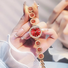 Relógio Feminino OLEVS Luxo Quartzo à Prova d’Água 30m com Calendário Completo, Diamantes e Símbolo da Sorte – Pulseira de Aço Inoxidável