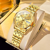 Relógio Feminino Automático OLEVS Luxo Elegante à Prova d’Água Aço Inoxidável com Calendário Completo e Ponteiros Luminosos