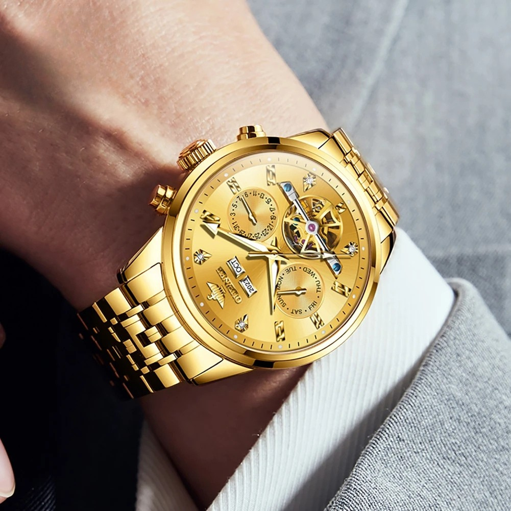 Relógio Masculino OUPINKE 3248 Automático Luxo Dourado Flywheel Safira à Prova d’Água