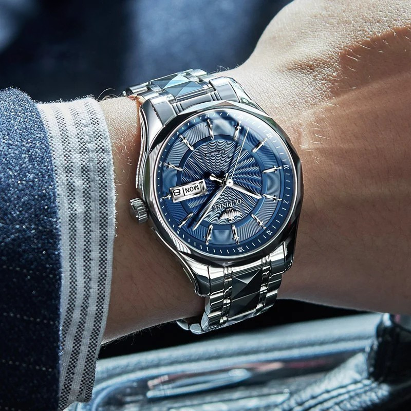 Relógio Masculino OUPINKE 3172 Luxo Automático Original Aço Tungstênio Calendário Duplo à Prova d’Água
