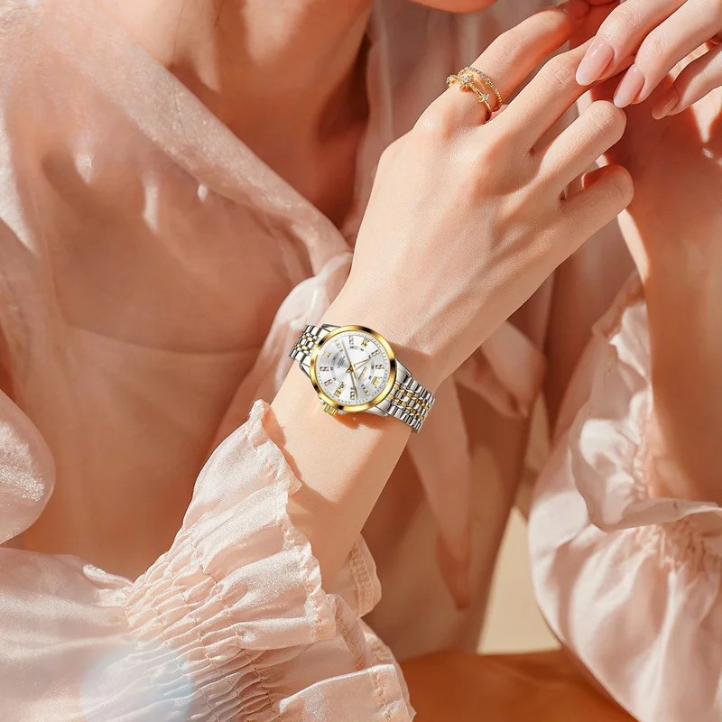 Relógio Feminino OLEVS Luxo com Pulseira e Caixa de Presente Quartzo à Prova d’Água 30m Elegante e Fashion