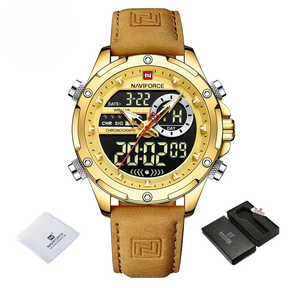 Relógio Masculino NAVIFORCE NF9208 Luxo Esportivo Pulseira de Couro à Prova d’Água Dual Display