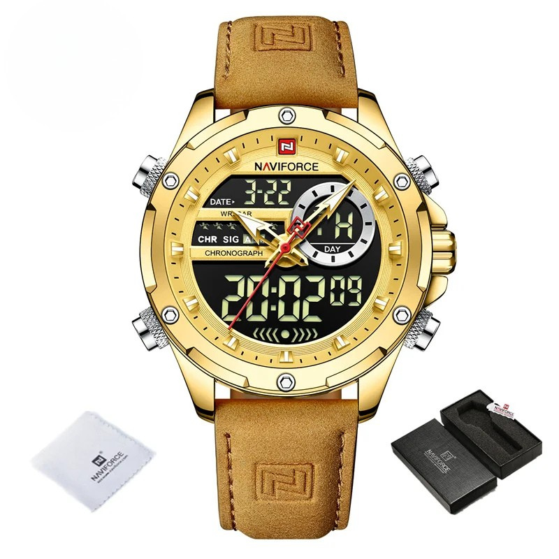 Relógio Masculino NAVIFORCE NF9208 Luxo Esportivo Pulseira de Couro à Prova d’Água Dual Display