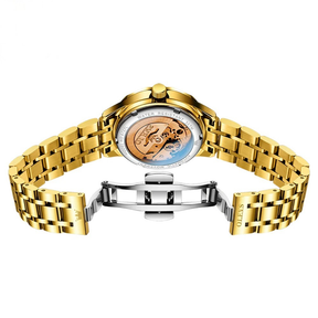 Relógio Feminino Automático OLEVS Luxo Elegante à Prova d’Água Aço Inoxidável com Calendário Completo e Ponteiros Luminosos