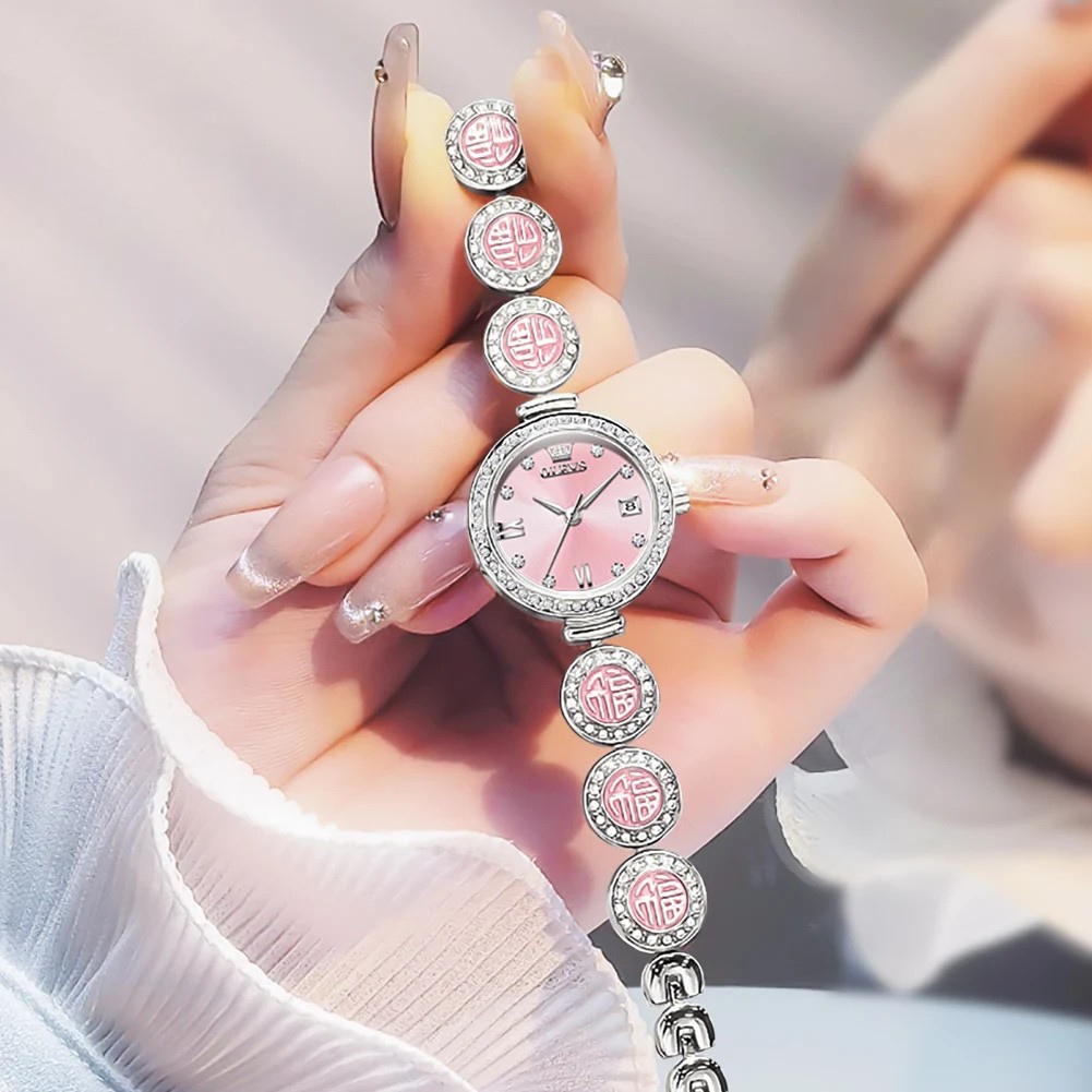 Relógio Feminino OLEVS Luxo Quartzo à Prova d’Água 30m com Calendário Completo, Diamantes e Símbolo da Sorte – Pulseira de Aço Inoxidável