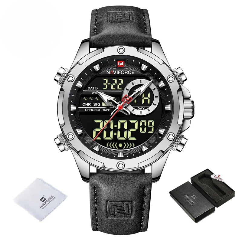 Relógio Masculino NAVIFORCE NF9208 Luxo Esportivo Pulseira de Couro à Prova d’Água Dual Display
