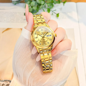 Relógio Feminino Automático OLEVS Luxo Elegante à Prova d’Água Aço Inoxidável com Calendário Completo e Ponteiros Luminosos