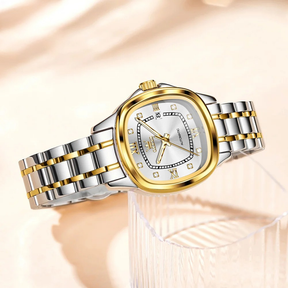 Relógio Feminino Automático OLEVS Luxo com Diamantes Aço Inoxidável à Prova d’Água Quadrado Elegante com Calendário Completo