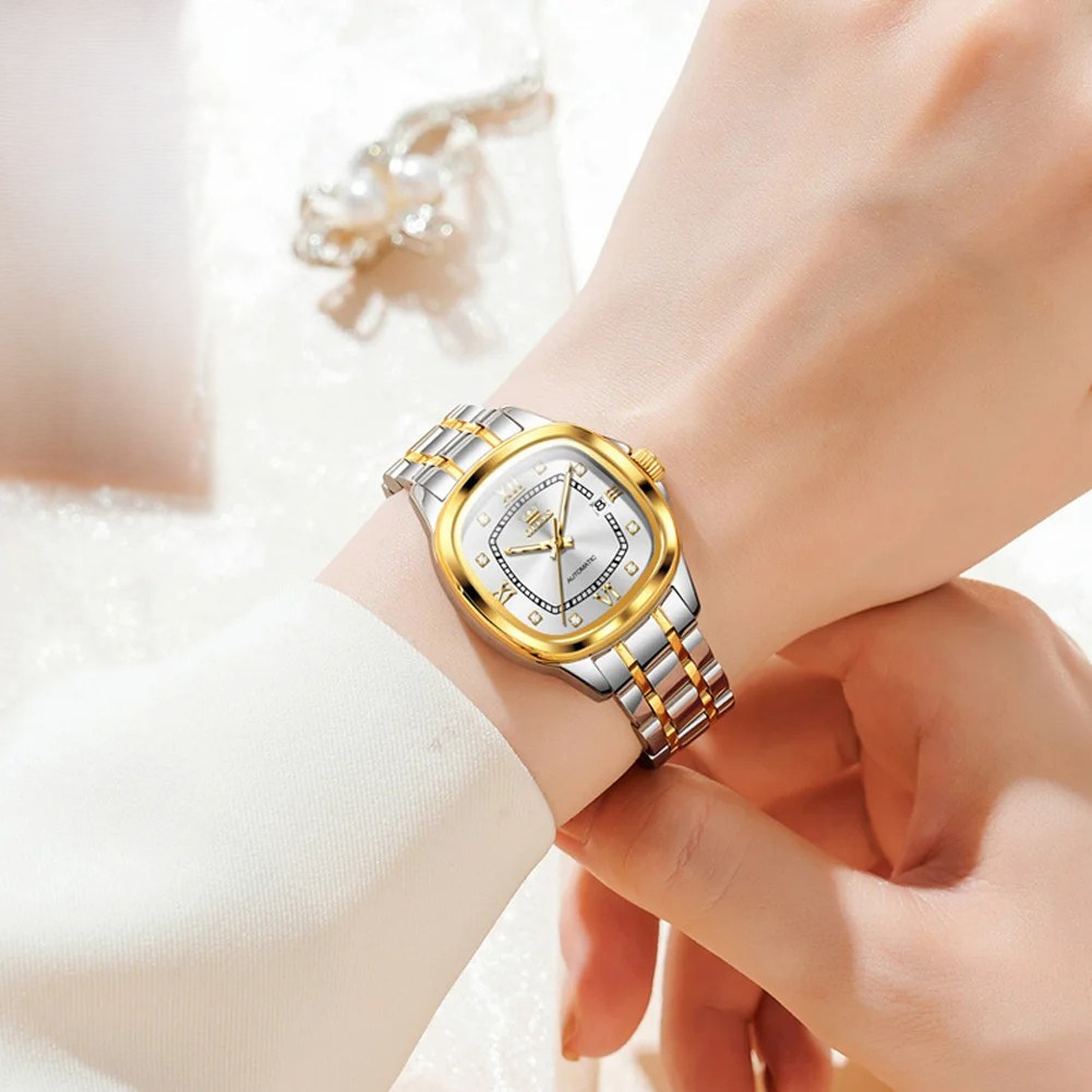 Relógio Feminino Automático OLEVS Luxo com Diamantes Aço Inoxidável à Prova d’Água Quadrado Elegante com Calendário Completo