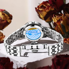 Relógio Feminino Automático OLEVS Luxo Fase da Lua Aço Inoxidável à Prova d’Água 30m com Calendário e Ponteiros Luminosos