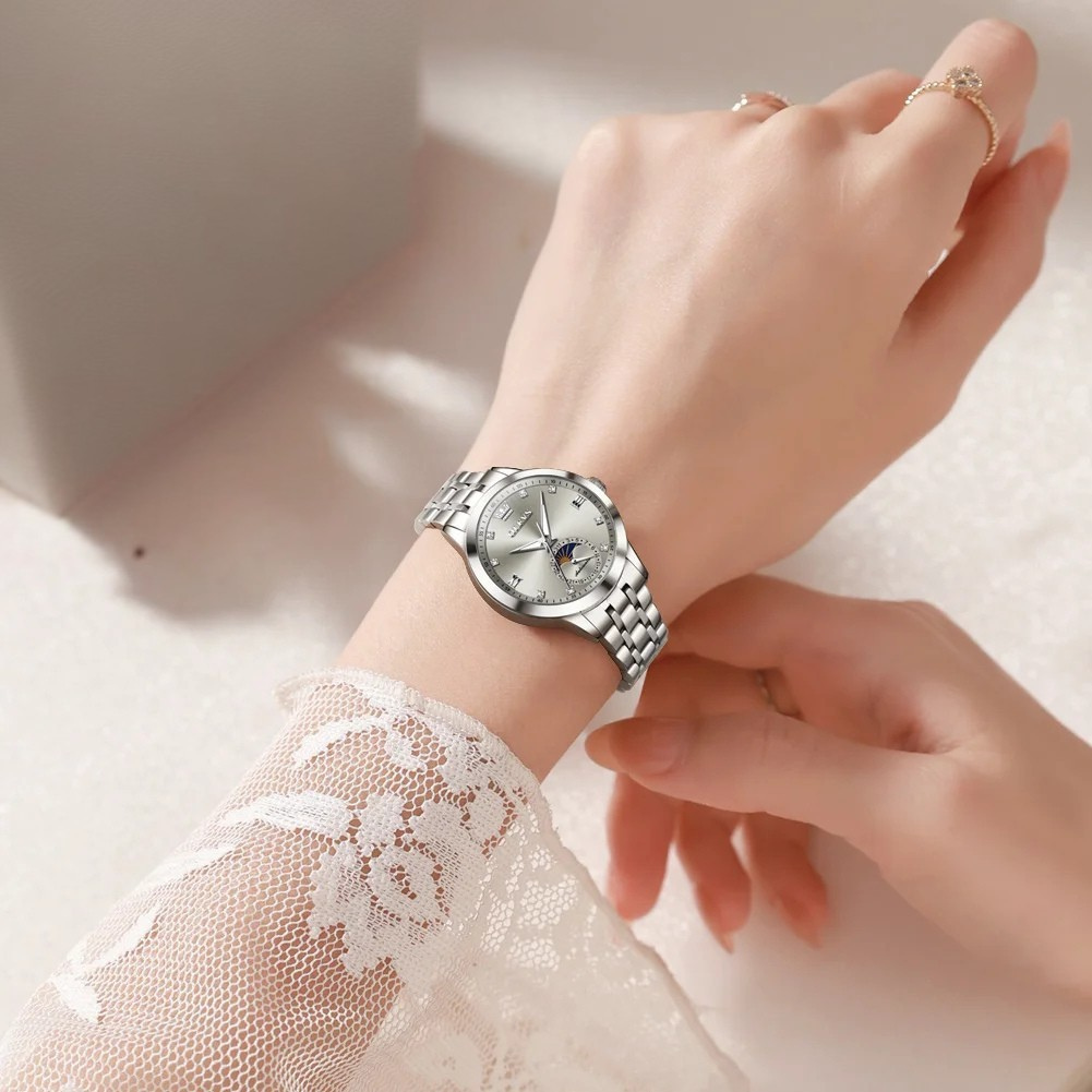 Relógio Feminino Automático OLEVS Luxo Fase da Lua Aço Inoxidável à Prova d’Água 30m com Calendário e Ponteiros Luminosos