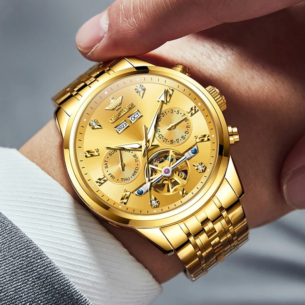 Relógio Masculino OUPINKE 3248 Automático Luxo Dourado Flywheel Safira à Prova d’Água