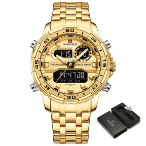 Relógio Masculino NAVIFORCE NF9234 Luxo Esportivo à Prova d’Água Cronógrafo Digital com Pulseira de Aço