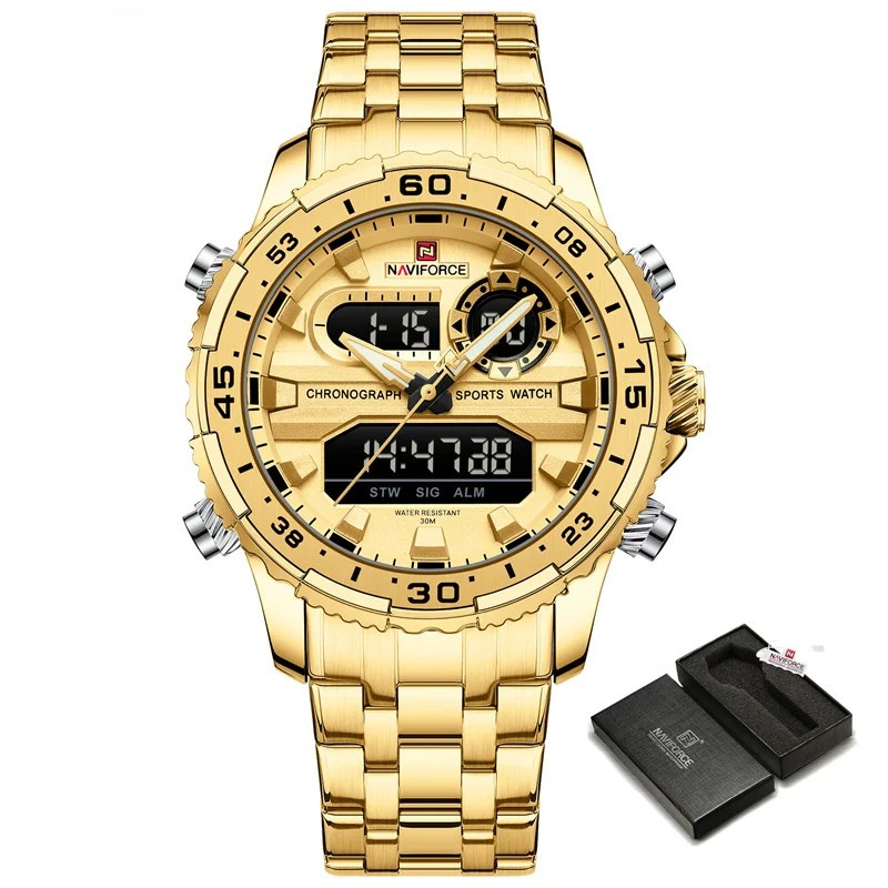 Relógio Masculino NAVIFORCE NF9234 Luxo Esportivo à Prova d’Água Cronógrafo Digital com Pulseira de Aço