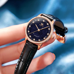 Relógio Feminino OLEVS Luxo Mostrador Estrelado Quartzo Pulseira de Couro à Prova d’Água 30m com Caixa Presente