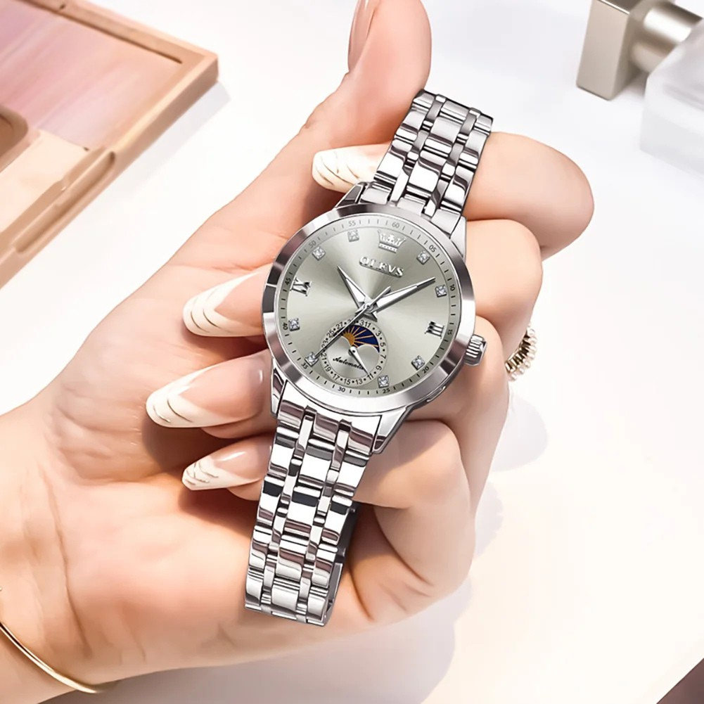 Relógio Feminino Automático OLEVS Luxo Fase da Lua Aço Inoxidável à Prova d’Água 30m com Calendário e Ponteiros Luminosos