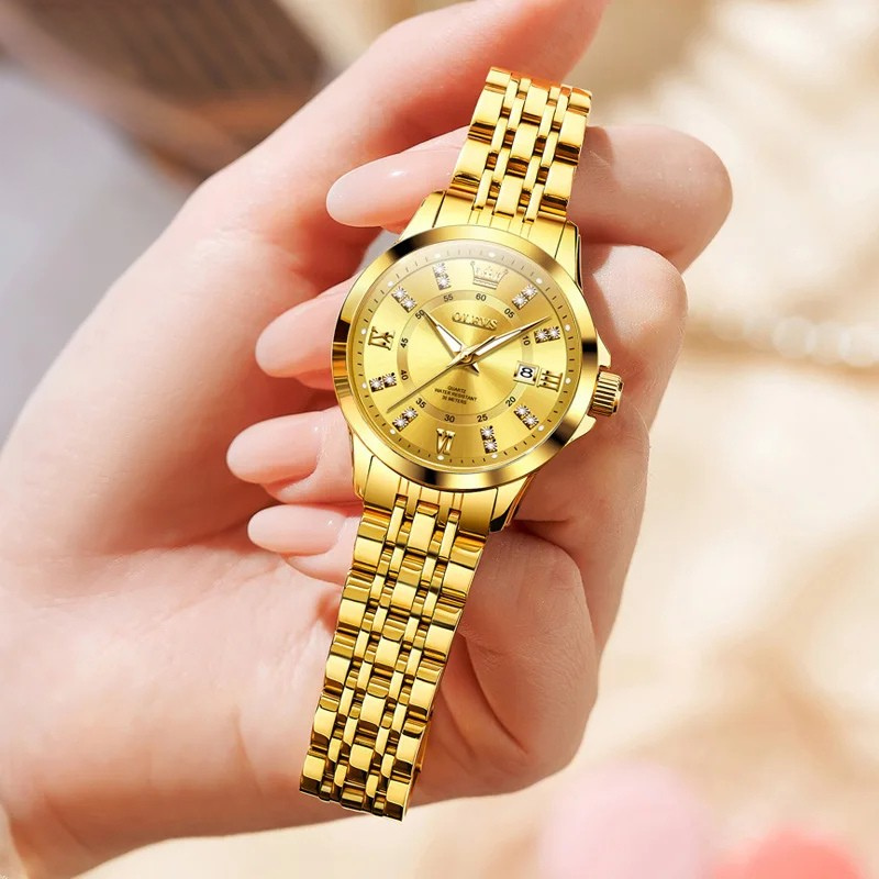 Relógio Feminino OLEVS Luxo com Pulseira e Caixa de Presente Quartzo à Prova d’Água 30m Elegante e Fashion