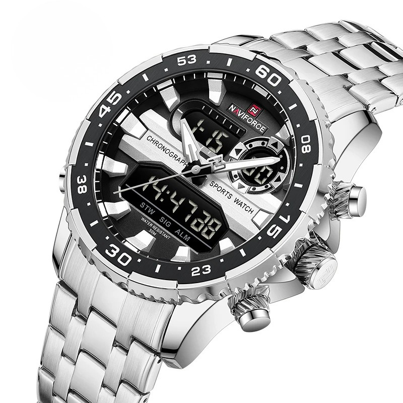 Relógio Masculino NAVIFORCE NF9234 Prata e Preto Quartz Analógico-Digital à Prova d’Água com Calendário