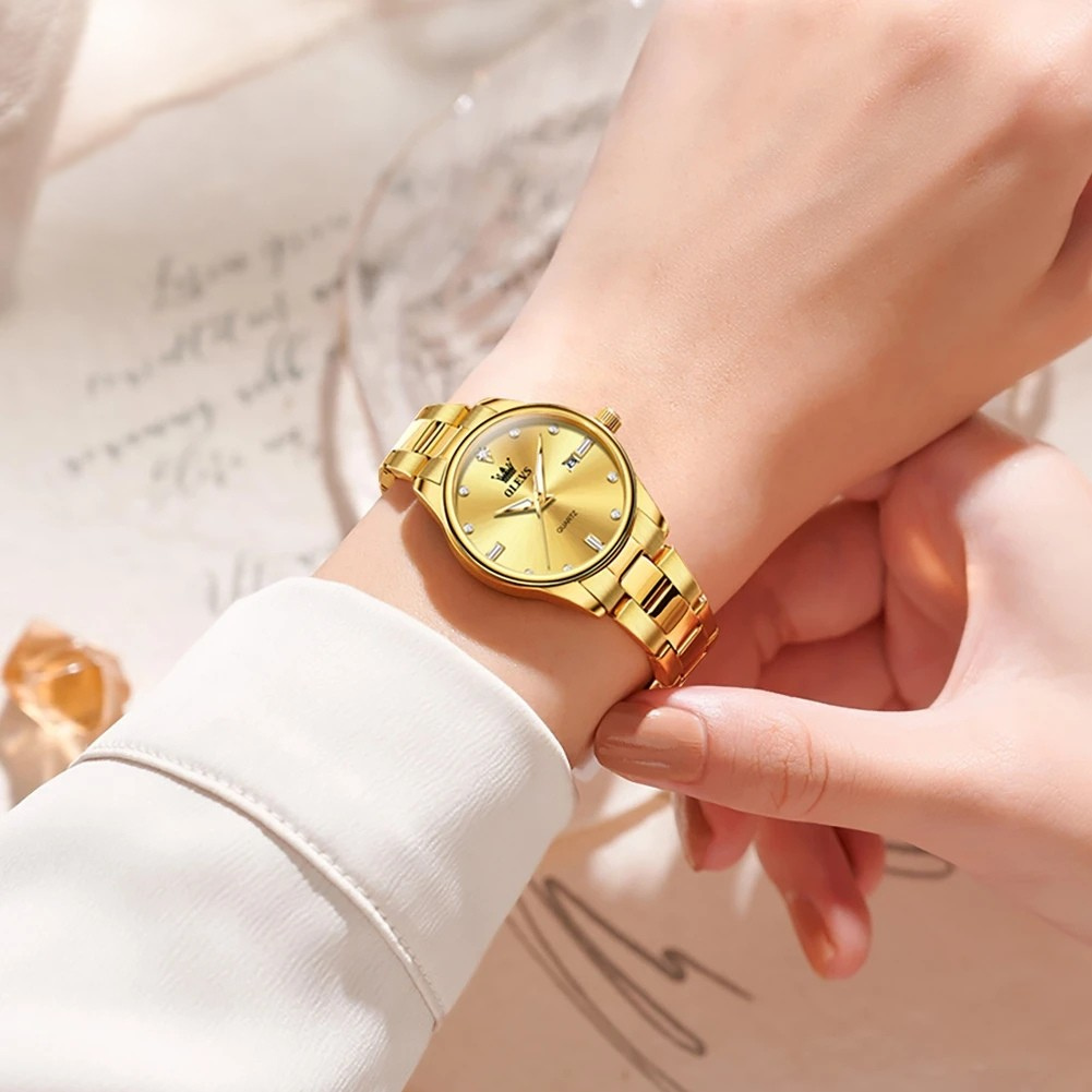 Relógio Feminino OLEVS Luxo Dourado Quartzo Aço Inoxidável à Prova d’Água 30m com Calendário Completo e Ponteiros Luminosos