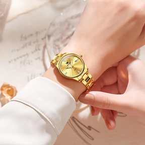 Relógio Feminino OLEVS Luxo Dourado Quartzo Aço Inoxidável à Prova d’Água 30m com Calendário Completo e Ponteiros Luminosos