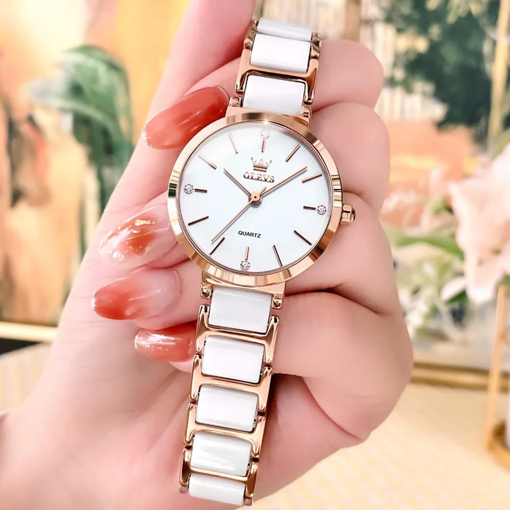 Relógio Feminino OLEVS Luxo Quartzo à Prova d’Água 30m com Pulseira de Cerâmica – Elegante e Fashion