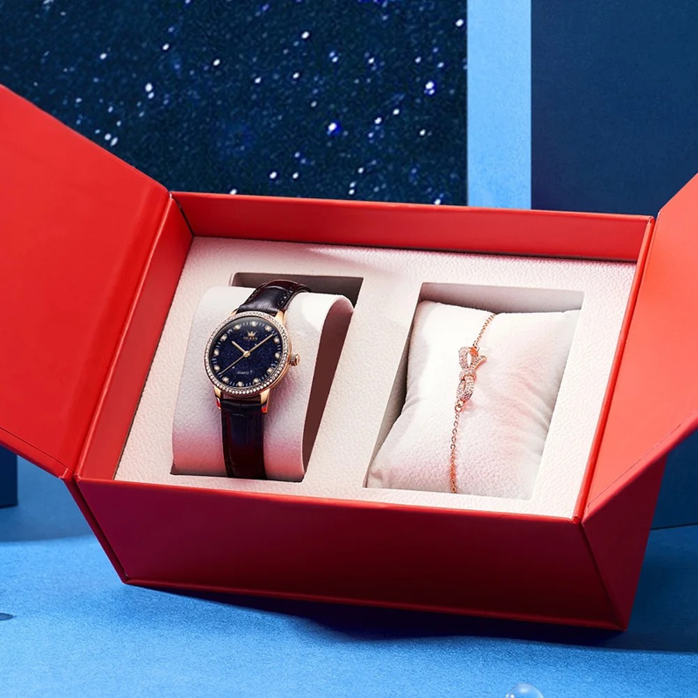 Relógio Feminino OLEVS Luxo Mostrador Estrelado Quartzo Pulseira de Couro à Prova d’Água 30m com Caixa Presente